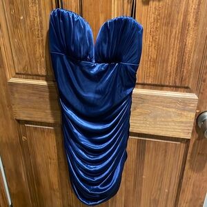 Frederick’s of Hollywood blue satin cocktail dress